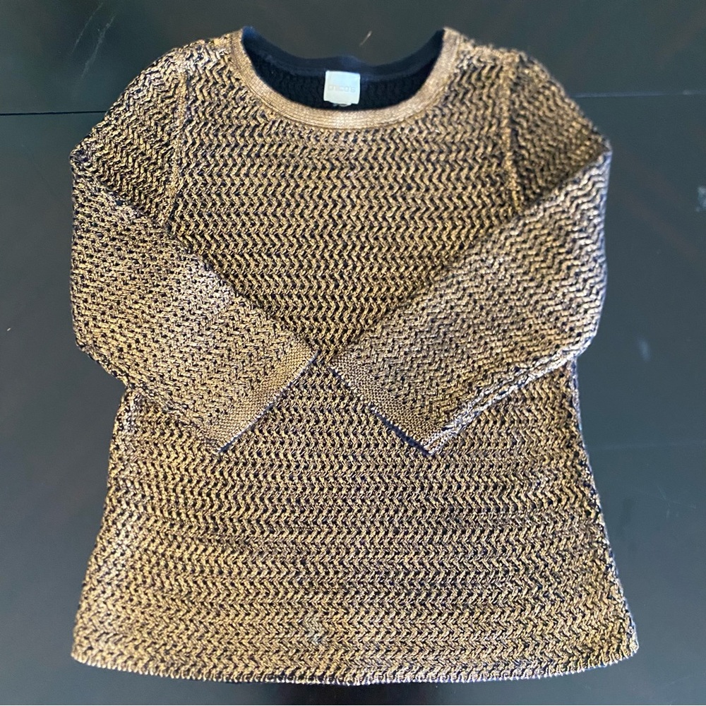 Chicos Gold Metallic Knit Crewneck Sweater Size S/M